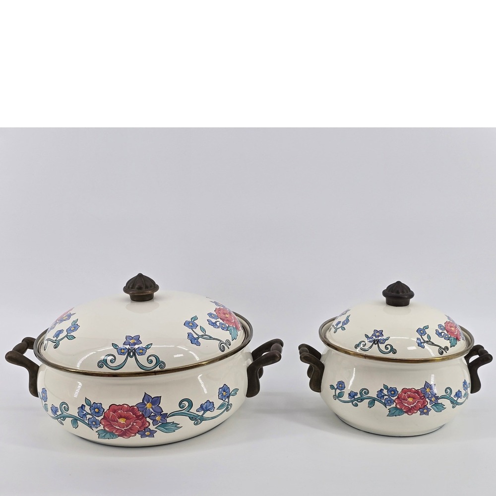 Vintage Normandy Enamelware Cookware Set 2 Pots Lids Floral Brass Handles Taiwan